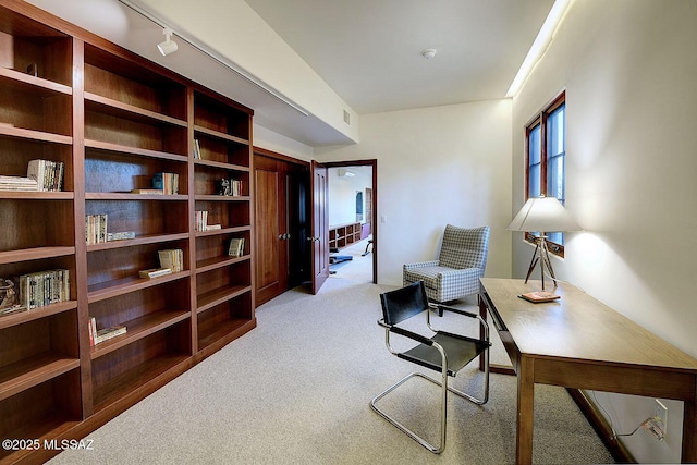 sitting room with rail lighting and light colored carpet