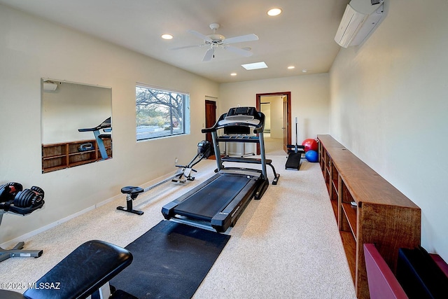 exercise area with recessed lighting, a wall unit AC, ceiling fan, and carpet flooring