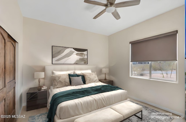 bedroom with baseboards and ceiling fan