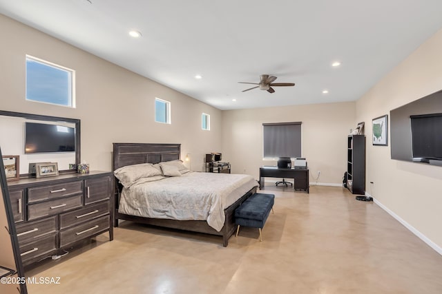 bedroom featuring baseboards, recessed lighting, a ceiling fan, visible vents, and finished concrete floors