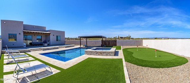 view of pool featuring a fenced in pool, an in ground hot tub, a patio area, a fenced backyard, and a yard