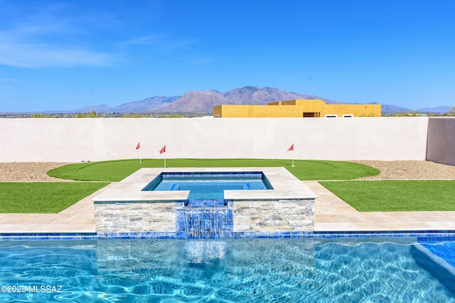 view of swimming pool featuring a mountain view, a fenced backyard, and a fenced in pool
