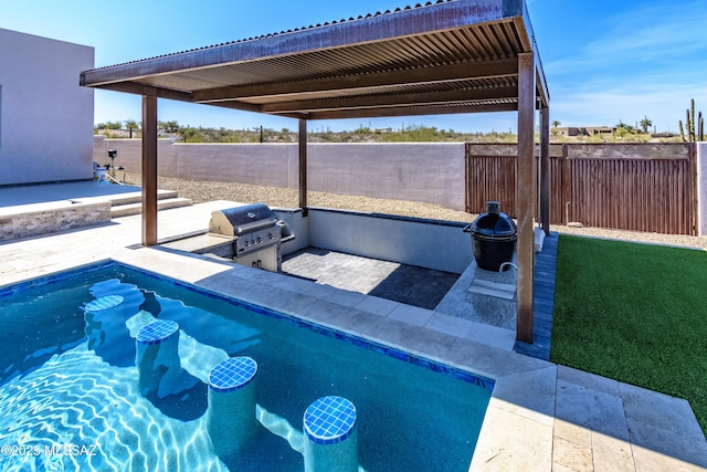 view of swimming pool featuring a fenced in pool, a fenced backyard, an outdoor kitchen, and area for grilling