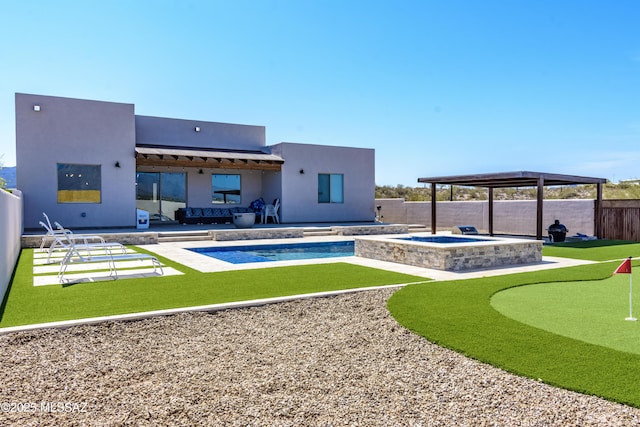 view of pool featuring a patio area, a fenced in pool, an in ground hot tub, and a fenced backyard