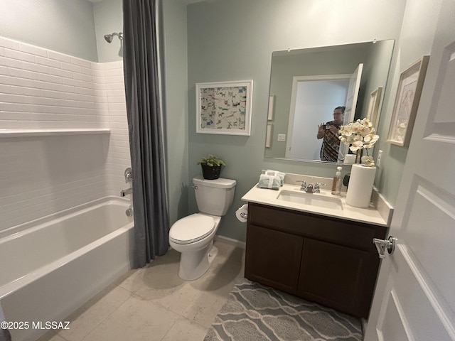22138 E Arcus Pl, Red Rock, AZ 85145 - bathroom featuring vanity, toilet, shower / tub combo with curtain, and tile patterned flooring