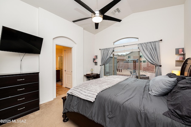 61080 Halter Pl, Saddlebrooke, AZ 85739 - bedroom with high vaulted ceiling, access to outside, light colored carpet, and visible vents
