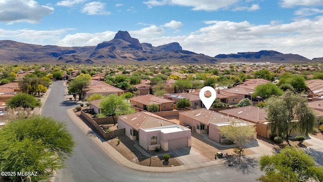 drone / aerial view featuring a mountain view and a residential view