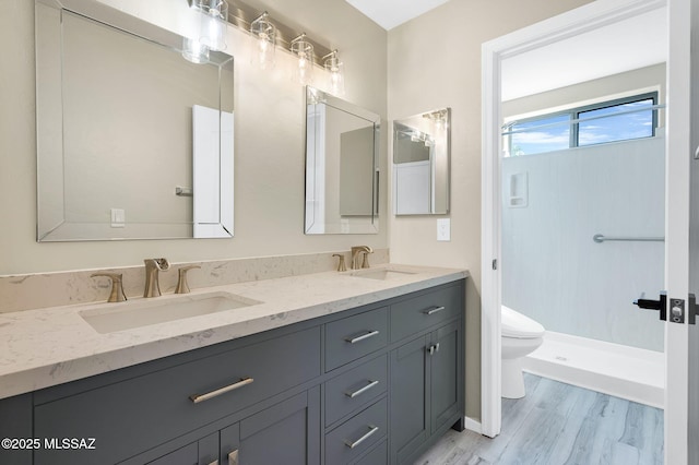 full bath with wood finished floors, a sink, double vanity, and toilet