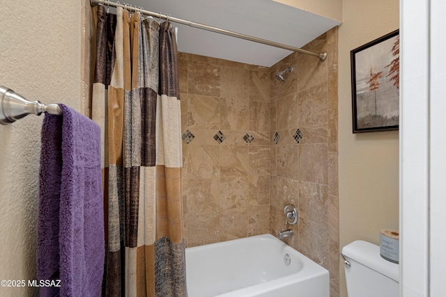 full bathroom with toilet and shower / bathtub combination with curtain