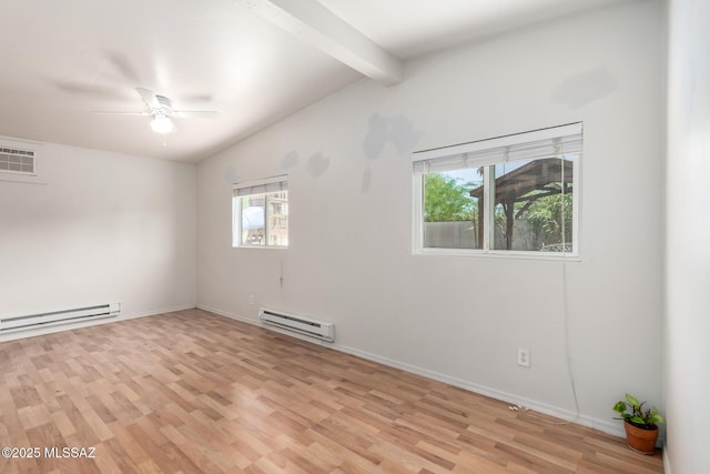 5914 E Beverly St, Tucson, AZ 85711 - spare room featuring ceiling fan, visible vents, a baseboard radiator, lofted ceiling with beams, and light wood finished floors