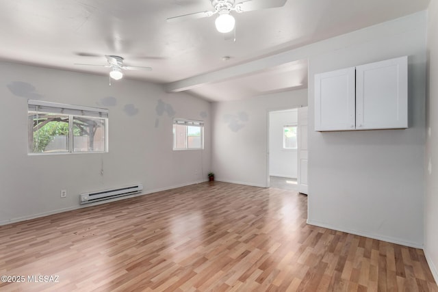 5914 E Beverly St, Tucson, AZ 85711 - unfurnished living room featuring ceiling fan, light wood-style flooring, baseboards, vaulted ceiling with beams, and a baseboard radiator