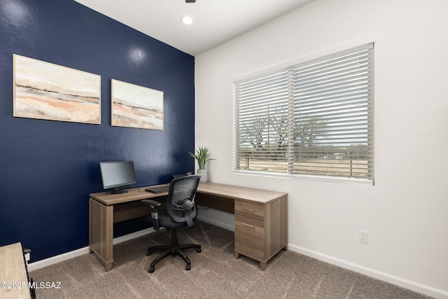 carpeted office space featuring recessed lighting and baseboards