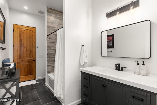 bathroom with vanity, tile patterned flooring, visible vents, recessed lighting, and shower / bath combo with shower curtain