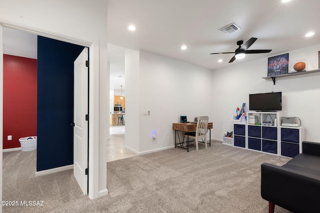 carpeted home office with visible vents, baseboards, a ceiling fan, and recessed lighting
