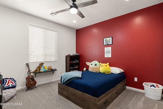 carpeted bedroom featuring recessed lighting, visible vents, baseboards, and ceiling fan