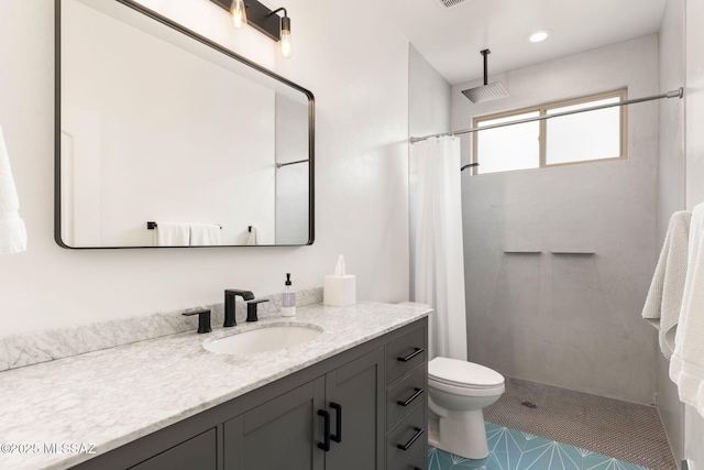 full bath featuring vanity, curtained shower, recessed lighting, tile patterned floors, and toilet