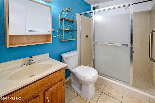 full bathroom with visible vents, toilet, tile patterned floors, vanity, and a stall shower