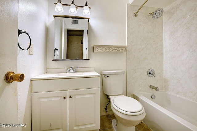 full bathroom with shower / bathing tub combination, vanity, toilet, tile patterned floors, and visible vents