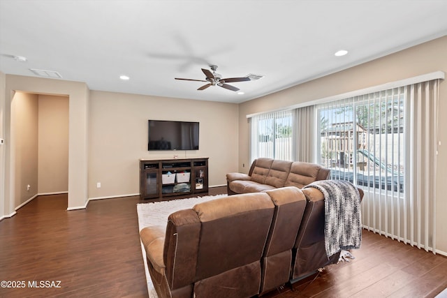 33743 S Ballad Dr, Red Rock, AZ 85145 - living area with recessed lighting, visible vents, dark wood-style flooring, and a ceiling fan