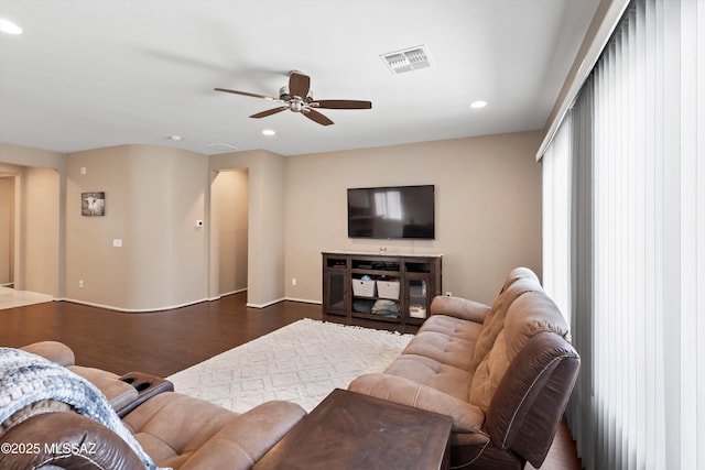 33743 S Ballad Dr, Red Rock, AZ 85145 - living room with dark wood-type flooring, ceiling fan, visible vents, and recessed lighting