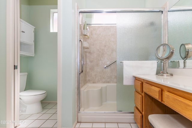 full bath featuring a stall shower, tile patterned flooring, vanity, and toilet