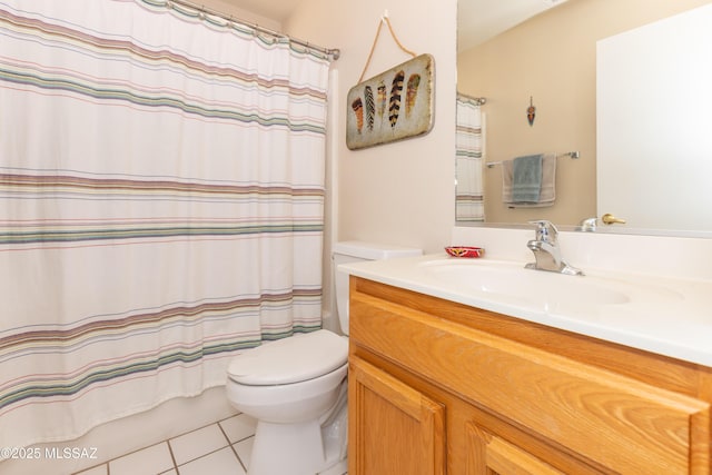 bathroom with tile patterned flooring, toilet, shower / bath combo, and vanity