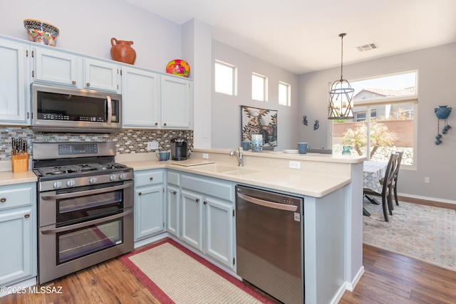 kitchen featuring a peninsula, stainless steel appliances, wood finished floors, and a sink