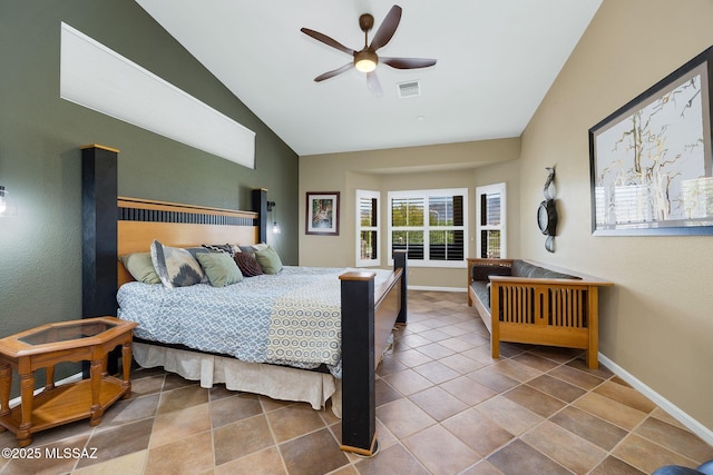 tiled bedroom featuring a ceiling fan, visible vents, lofted ceiling, and baseboards