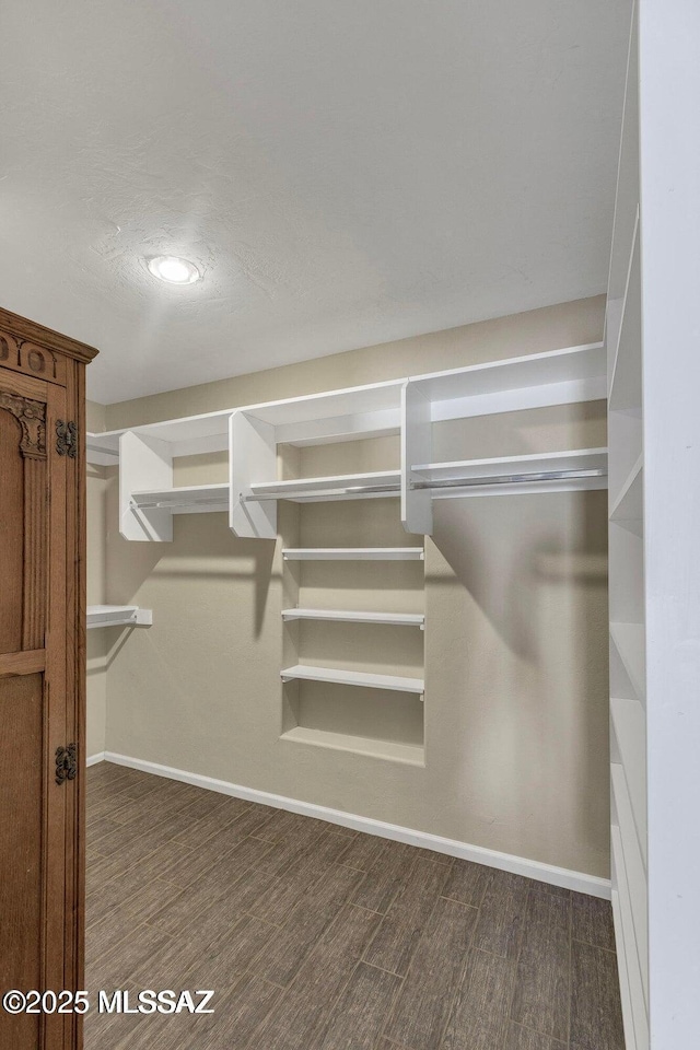 walk in closet with wood finished floors