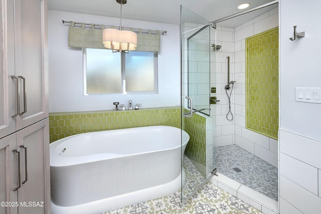 1838 N Campbell Ave, Tucson, AZ 85719 - bathroom featuring a soaking tub, tile patterned floors, a stall shower, and wainscoting