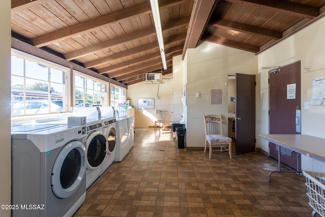 shared laundry area with electric panel, washing machine and clothes dryer, and wooden ceiling