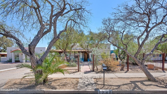 view of front of house with a fenced front yard, a gate, and stucco siding