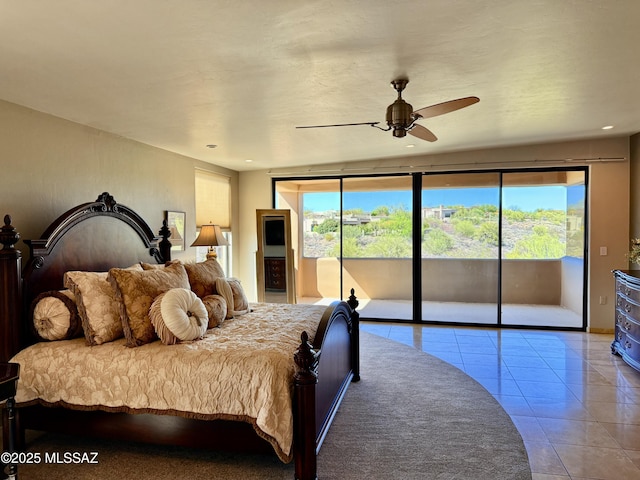 bedroom featuring tile patterned floors, a ceiling fan, recessed lighting, and access to exterior