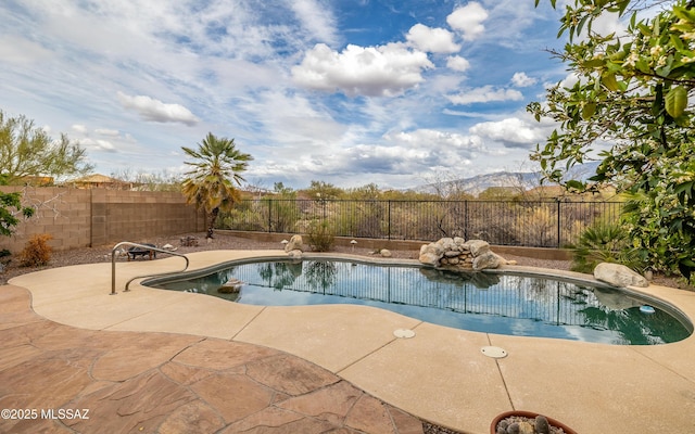view of pool featuring a fenced backyard, a fenced in pool, and a patio area