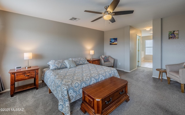 bedroom with carpet, baseboards, ceiling fan, and visible vents