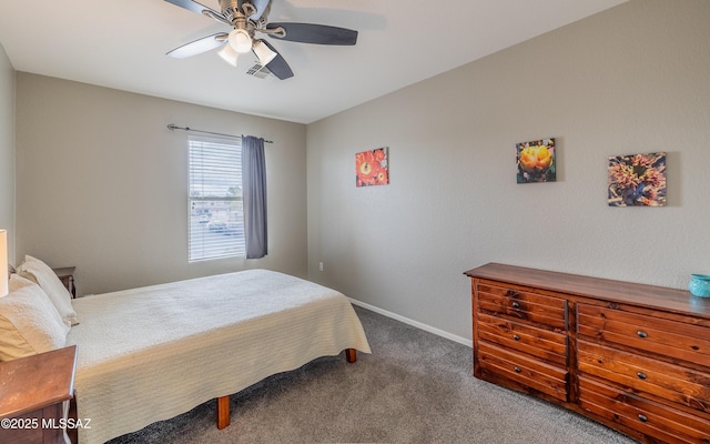 bedroom featuring baseboards, ceiling fan, and carpet