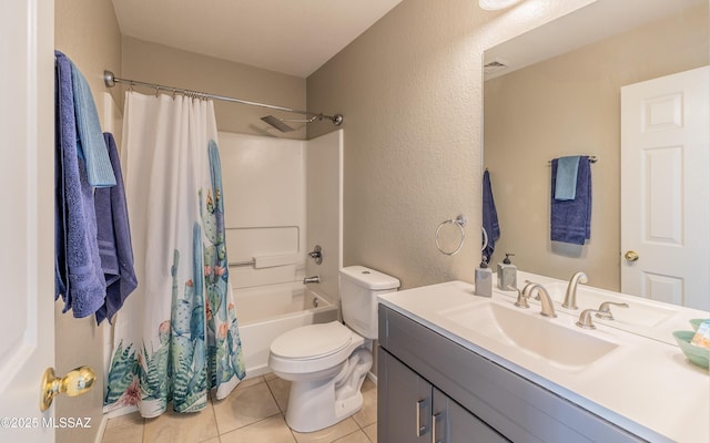 full bathroom featuring visible vents, toilet, vanity, shower / tub combo with curtain, and tile patterned flooring