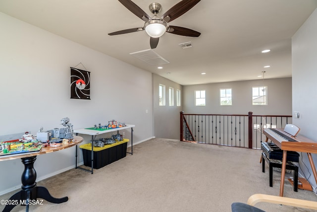 playroom with ceiling fan, carpet floors, recessed lighting, baseboards, and visible vents