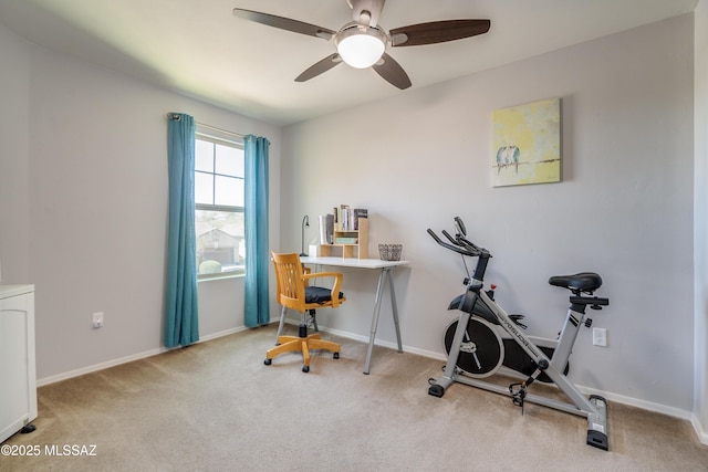 workout area with carpet floors, baseboards, and ceiling fan