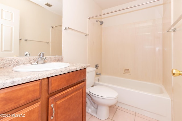 full bath with visible vents, toilet, tile patterned floors, vanity, and shower / bathing tub combination