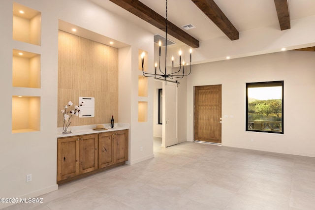 interior space with recessed lighting, a chandelier, beam ceiling, and visible vents