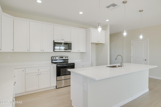 kitchen with visible vents, light wood-type flooring, stainless steel microwave, a sink, and range with electric cooktop