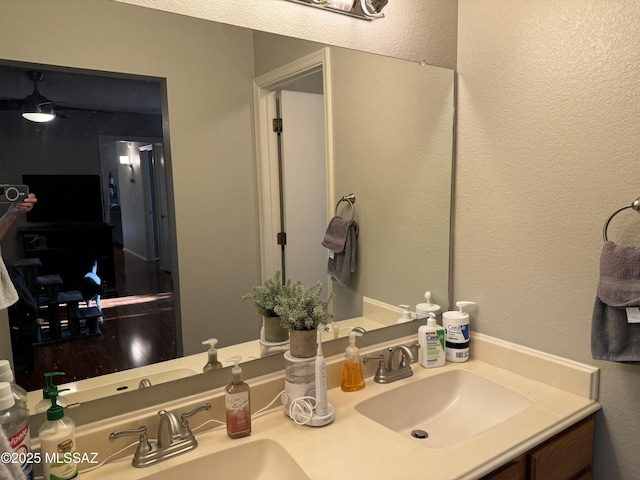 bathroom featuring a sink, double vanity, and a textured wall