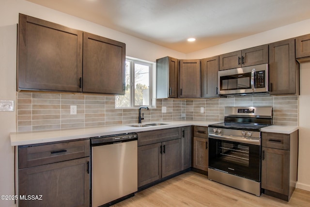 kitchen featuring light countertops, tasteful backsplash, stainless steel appliances, a sink, and light wood finished floors