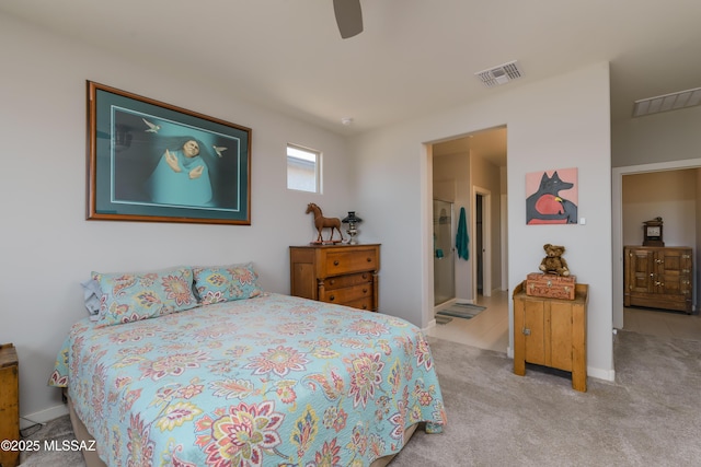 bedroom featuring visible vents, a ceiling fan, and carpet