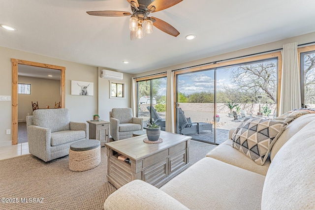 living area with light tile patterned flooring, a wall mounted air conditioner, recessed lighting, and a ceiling fan