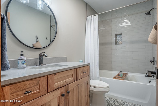 full bathroom featuring shower / bath combination with curtain, toilet, and vanity