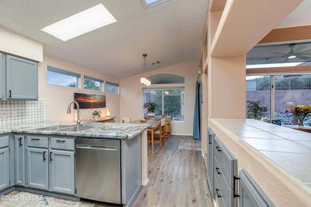 kitchen featuring vaulted ceiling with skylight, stainless steel dishwasher, a peninsula, a sink, and decorative backsplash