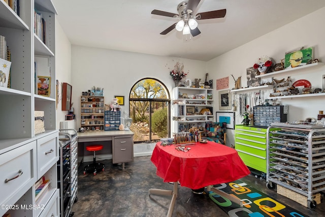 interior space featuring a ceiling fan and concrete flooring