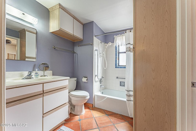 bathroom with shower / bath combination with curtain, tile patterned flooring, vanity, and toilet